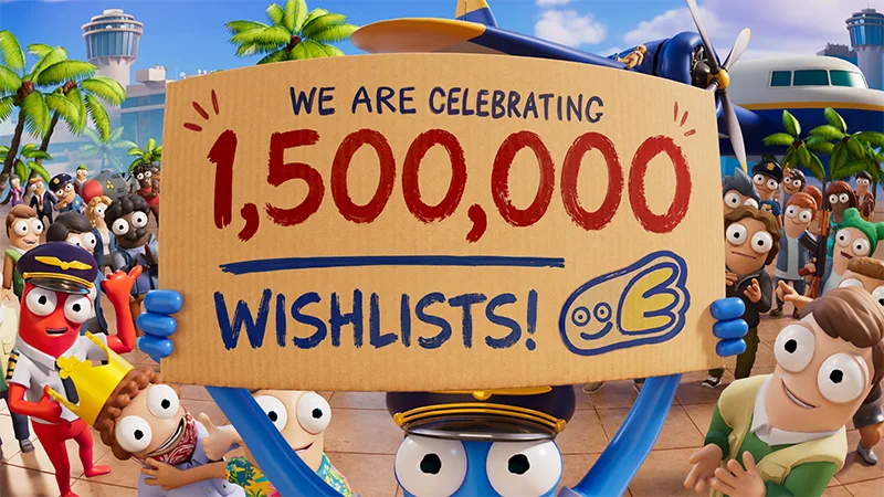 Official Dear Passengers artwork celebrating 1.5 million Steam wishlists with the game characters holding a sign