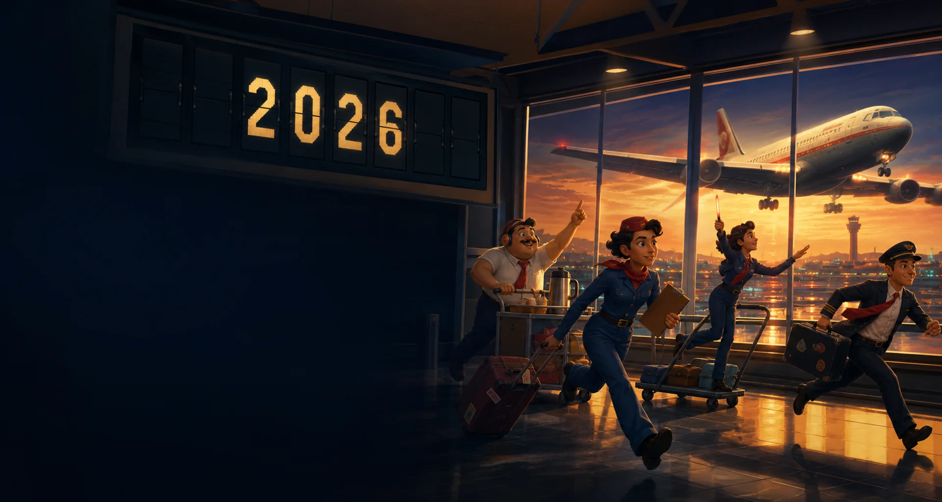 Dear Passengers release date guide with an airliner approaching a 2026 arrivals board